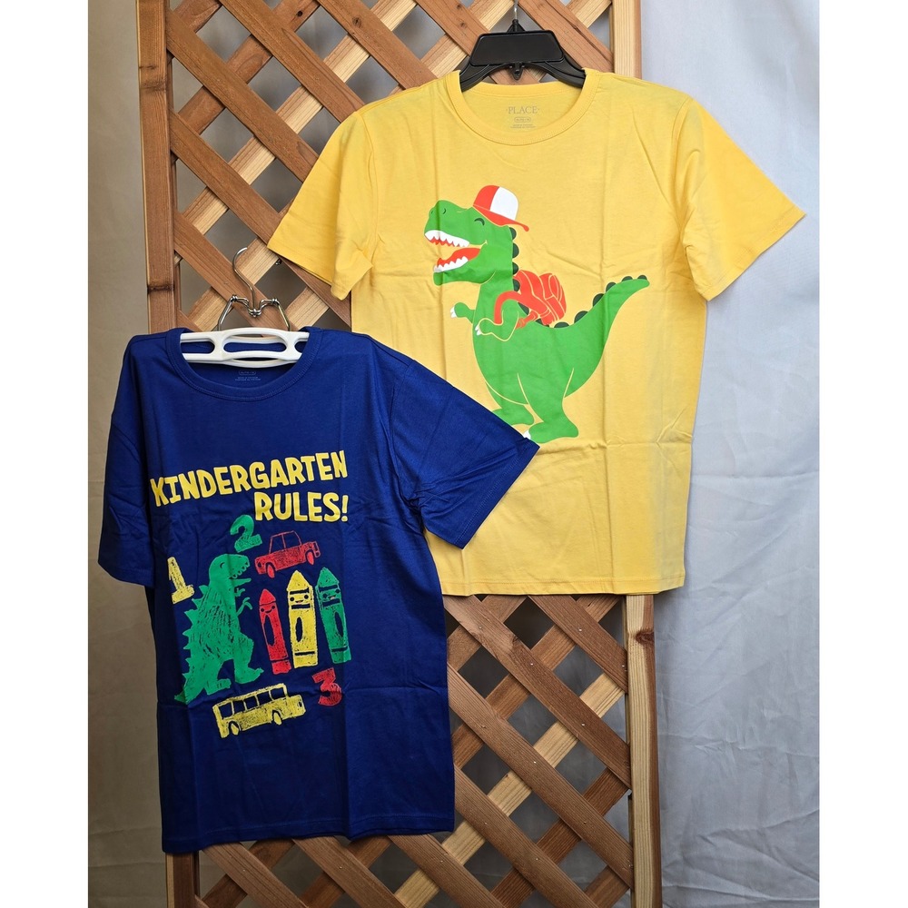 The Children's Place T-Shirt Boys XL 14 Yellow Blue Dinosaur Kindergarten Rules